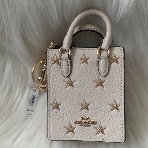 COACH Metallic Star North/South Mini Tote Bag with Key Ringin Chalk/Gold - Picture 2 of 3